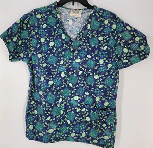 Crest Cottons Work Scrub Top V-Neck Shirt ~ Size XS ~ Blue Green Floral - Picture 1 of 3