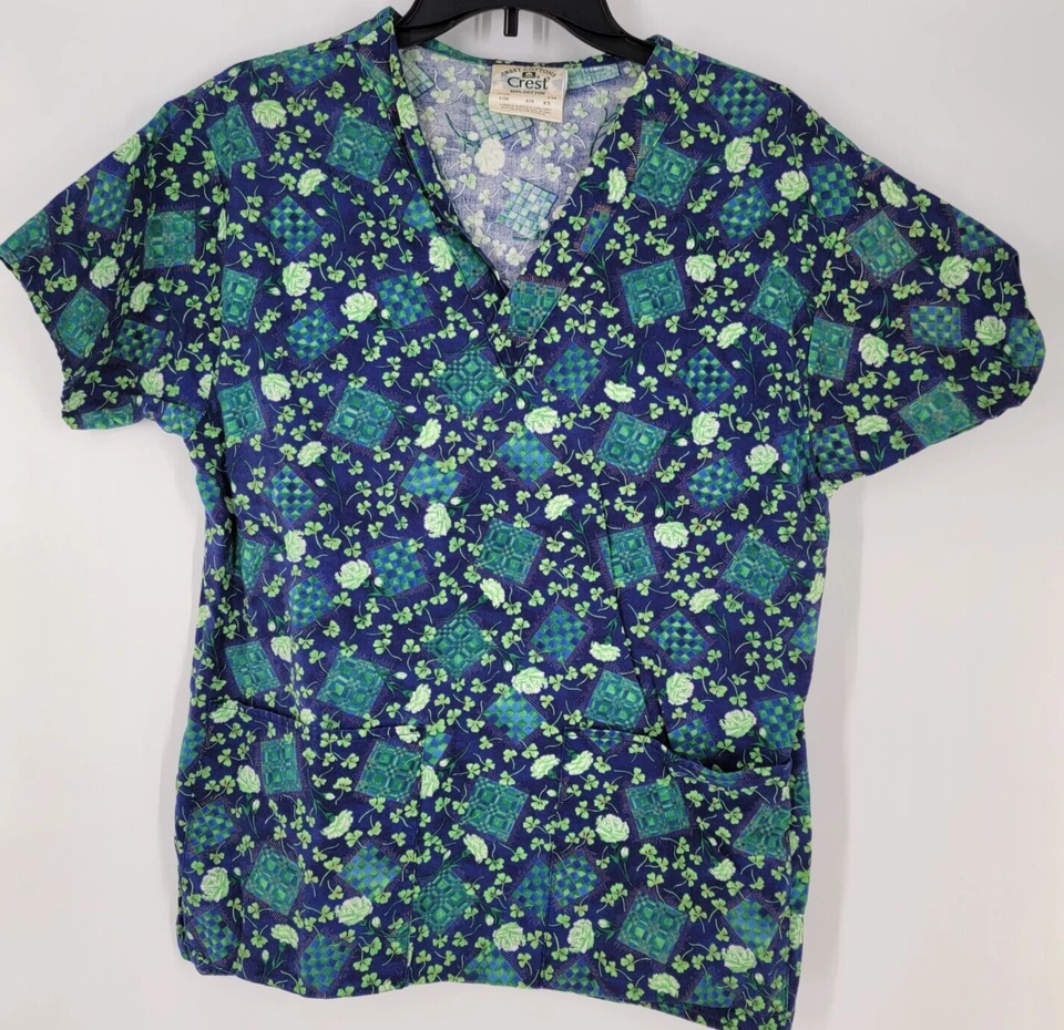Crest Cottons Work Scrub Top V-Neck Shirt ~ Size XS ~ Blue Green Floral - Image 1 of 3