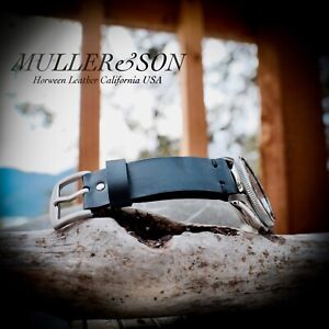 Müller&Son Genuine Horween Leather Watch Strap 22mm Black with Black "Dog Ears"