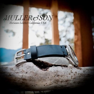 "Correa de reloj de cuero genuino Müller&Son Horween 22 mm negro con ""orejas de perro"" negras" - Imagen 1 de 7