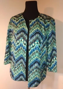 Chico's 1 Med Open Front Jacket Green Blue Yellow Art Jungle Batik Cotton Blend - Picture 1 of 6