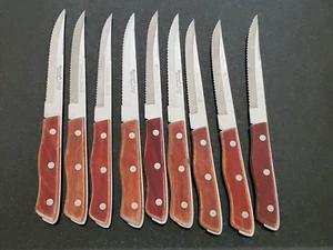 Vintage Maxam Set of 9 Serrated Steak Knives Wooden Handles Stainless Steel - Picture 1 of 16