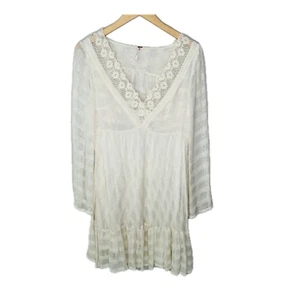 Vestido Free People Boho Encaje Marfil Mujer M Cuello en V Manga Larga Trompeta Textura a Cuadros - Imagen 1 de 10