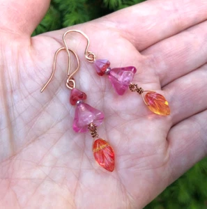 Pink & Orange Flower Earrings. Dangly Czech Glass Bead Earrings. Feminine Boho - Picture 1 of 17