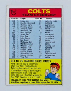 Lista de verificación del equipo Topps Baltimore Colts 1974 sin marcar EX - Imagen 1 de 2
