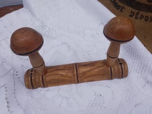 Vintage French 9" FAUX BAMBOO TURNED WOOD 2 HOOK COAT RACK Mushroom Pegs - Picture 1 of 7