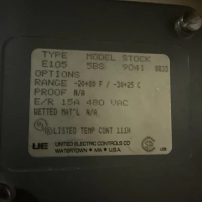 Ue United Electric E105 5BS Temperature Controller -20+80 F / -30+25 C 15 Amp - Image 1 of 2