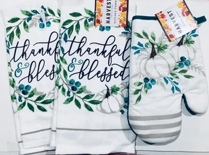 Set of 3 Thanksgiving Blessed Harvest Pumpkin Fall 2 Dish towels and 1 Oven Mitt - Picture 1 of 5