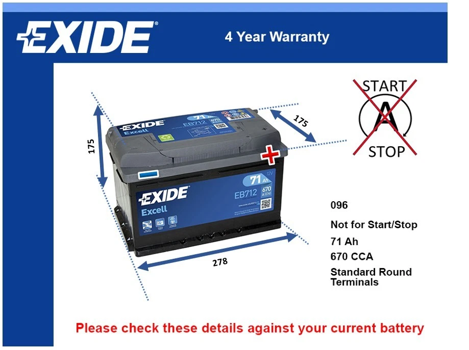 Battery fits SAAB 9-5 9000 900 9-7 9-3 Exide 096 670A 71Ah Quality New - Image 1 of 4