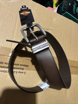 Harley-Davidson Men's Metal Keeper Bar Logo Genuine Brown Leather Belt S 30/32 - image 1 of 4