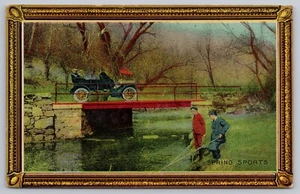 1910s Faux Picture Frame Spring Sports Touring Car Bridge Fishing UNP Postcard - Picture 1 of 4