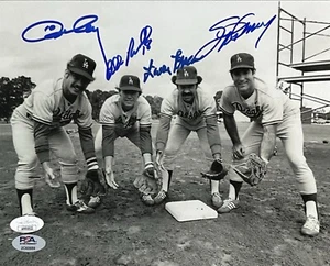 DODGERS 1981 INFIELD SIGNED 8X10 BLK/WHT PHOTO RUSSELL GARVEY CEY LOPES JSA - Picture 1 of 4