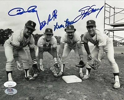 DODGERS 1981 INFIELD SIGNED 8X10 BLK/WHT PHOTO RUSSELL GARVEY CEY LOPES JSA - Image 1 of 4