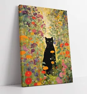 GUSTAV KLIMT BLACK CAT IN FLORAL GARDEN -DEEP FRAMED CANVAS WALL ART PRINT - Picture 1 of 2