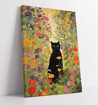 GUSTAV KLIMT BLACK CAT IN FLORAL GARDEN -DEEP FRAMED CANVAS WALL ART PRINT - Image 1 of 2