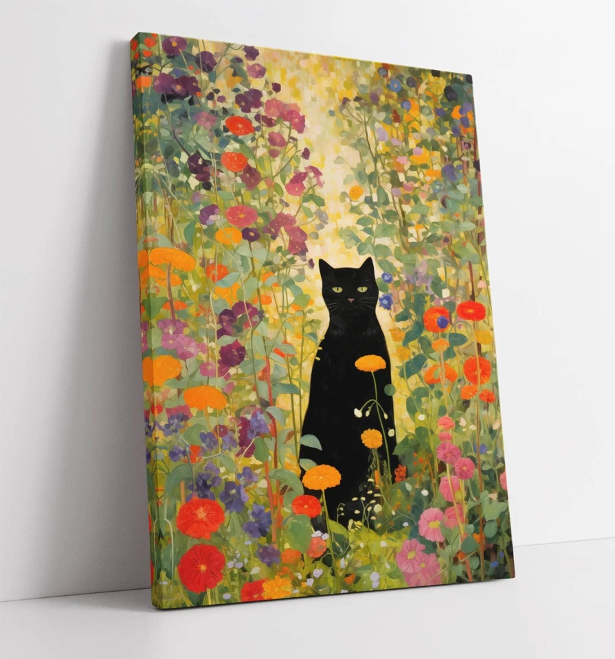 GUSTAV KLIMT BLACK CAT IN FLORAL GARDEN -DEEP FRAMED CANVAS WALL ART PRINT - Image 1 of 2