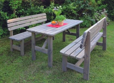 Holz Garnitur Summer grau imprägniert 2 Bänke + 1 Tisch Gartenbank Gartentisch - Bild 1 von 2