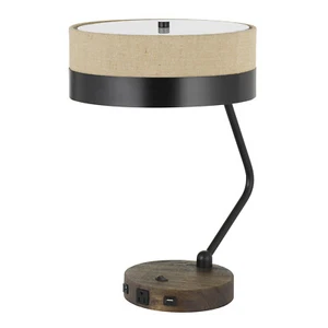 20" Black Metal Two Light Desk Usb Table Lamp With Beige Drum Shade - Picture 1 of 5