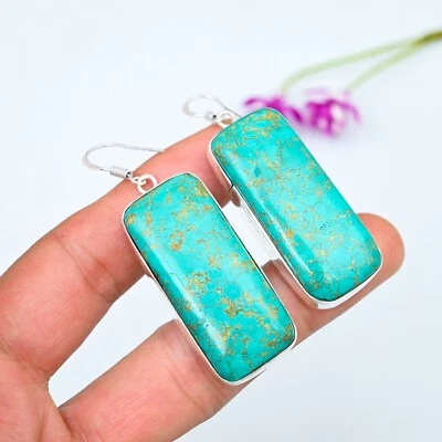 Blue Turquoise Gemstone 925 Sterling Silver Handmade Earring Jewelry For Gifts - Image 1 of 4
