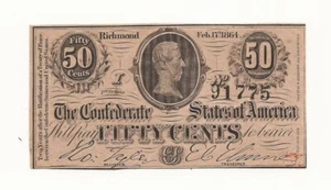 CONFEDERATE  STATES OF AMERICA 1864 50 CENTS NOTE/ T-72/ CR-578B/ VARIETY/  CU - Picture 1 of 1