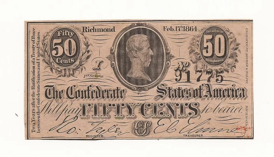 CONFEDERATE  STATES OF AMERICA 1864 50 CENTS NOTE/ T-72/ CR-578B/ VARIETY/  CU - Image 1 of 1