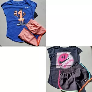 Nike Girls Size 5 Summer Dri-fit Lined Shorts & Size 6 T-Shirt Peach Smiley - Picture 1 of 3