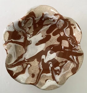 RARE White/Brown Drip Glaze Pottery Art Candy Beige Dish Bowl 5”X6” Signed EUC - Picture 1 of 12