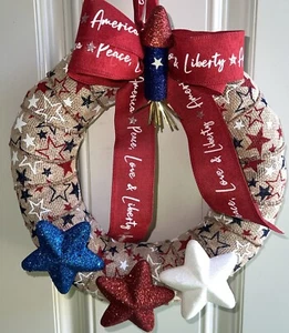 Patriotic July 4th Memorial Day Mini Wreath 10 Inch Front Door Indoor Decor - Picture 1 of 3