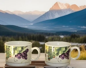 RARE Oneida Casual Settings Grapevine Purple Green Mug Cup Set of 2 - Picture 1 of 9