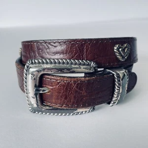 Brighton Kids Brown Leather Belt 27 Inches Silver Toned Buckle and Heart Conchos - Picture 1 of 15