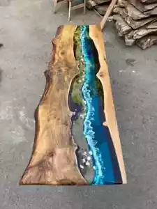 Epoxy Dining Table, Custom 30” x 12” Walnut Blue, Turquoise Epoxy Console Tables - Picture 1 of 11