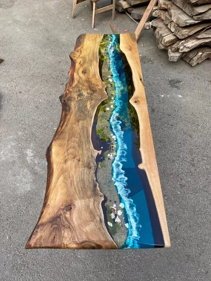Epoxy Dining Table, Custom 30” x 12” Walnut Blue, Turquoise Epoxy Console Tables - Image 1 of 4