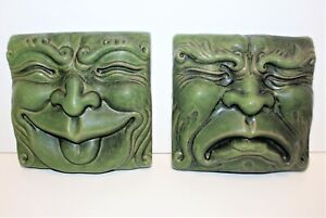 Pair of Pewabic Drama Comedy and Tragedy Green Detroit Pottery Art Mask Tiles