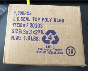 1 CAJA 3""x 3"" TRANSPARENTE 2 MIL BOLSAS DE SELLO CON CREMALLERA POLIPLÁSTICO CERRADURA RESELLABLE 1000 BOLSAS - Imagen 1 de 2
