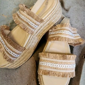 KAANAS Frayed Champagne GOA Jute Wedge Sandals Sz 7 Beach Cruise Hawaii - Picture 1 of 11