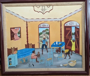 VINTAGE ORIGINAL HAITIAN ART OIL PAINTING YVES PHANOR "FAMILY SCENE" CAP 24X20 - Picture 1 of 5