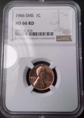 :1966 SMS 1C LINCOLN CENT NGC MS-66-RD BRIGHT-SHINE-RED LOW-POP HIGHEST-GRADES  - Image 1 of 2