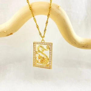 Dragon Cubic Zirconia Square 18k Gold Plated Stainless Steel Pendant Necklace - Picture 1 of 5