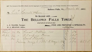 1896 BILLHEAD~BELLOWS FALLS TIMES, BELLOWS FALLS, VERMONT. PRINTING COMPANY - Picture 1 of 1