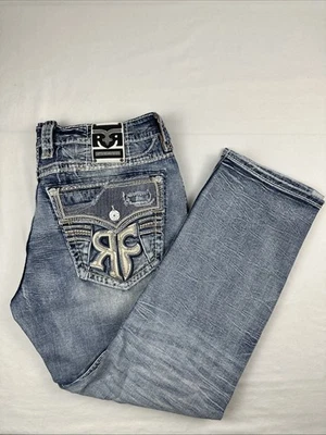 Pantalones de mezclilla Rock Revival Beriaj relajados cónicos para hombre 40x32 agotados lavado ligero usados en excelente estado Foto 1 de 4