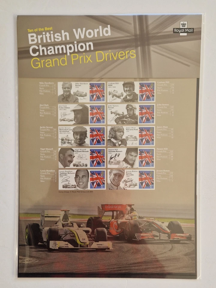 GB 2005 CS9 Royal Mail Smilers Stamp Sheet Grand Prix Drivers 10 x 1st stamps - Image 1 of 1