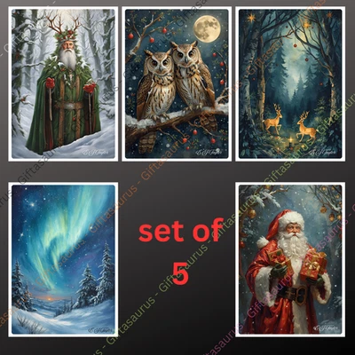 E TAYLOR ART 5 Personalised Yule Christmas Cards seeded option Wiccan Pagan Goddess
