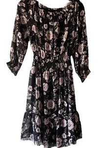 Bar III Dress Womens Size Small Black Floral Pattern Cinch Waist 3/4 Sleeve New - Picture 1 of 5
