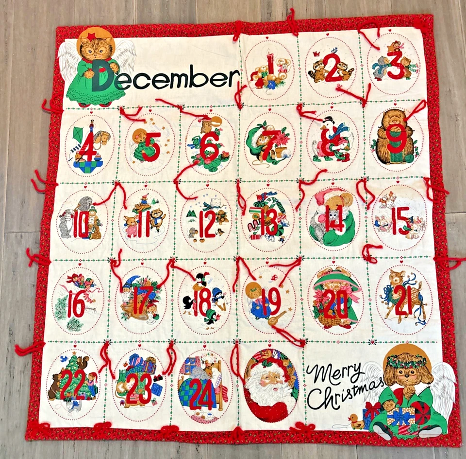 VTG Handmade Quilt Christmas Advent Calendar Red Holly Trim December 32" X 30.5" - Image 1 of 4