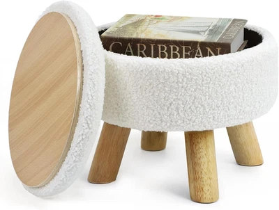 Small round Ottoman Foot Rest with Storage, Velvet Foam Footstool (Cream) - Image 1 of 4
