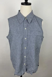 Vintage 90s Plaid Shirt Womens Large Light Blue Woven Cotton Sleeveless Top Mom - Picture 1 of 10