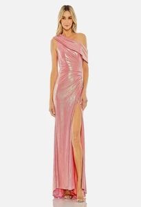 Mac Duggal NEU Metallic Pink Schulterfrei Rüschen Taille Schlitz Kleid Neu mit Etikett Größe 12 - Bild 1 von 13