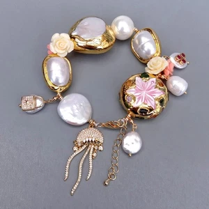 21mm Cultured coin Pearl 30mm Sea Shell Pearl Flower Charm Bracelet - Picture 1 of 6