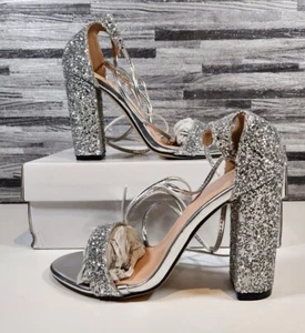 Ladies Cross Over Block Heel Sandals Silver Glittery Prom Party Shoes UK 5 - Picture 1 of 6