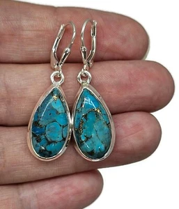 Blue Turquoise dangly Earrings, Sterling Silver, Pear Shaped, Protection Stone - Picture 1 of 6